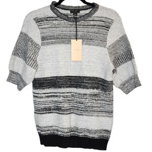 NWT Halogen Faux Cashmere Grey Stripe Puff Sleeve Sweater Size Medium